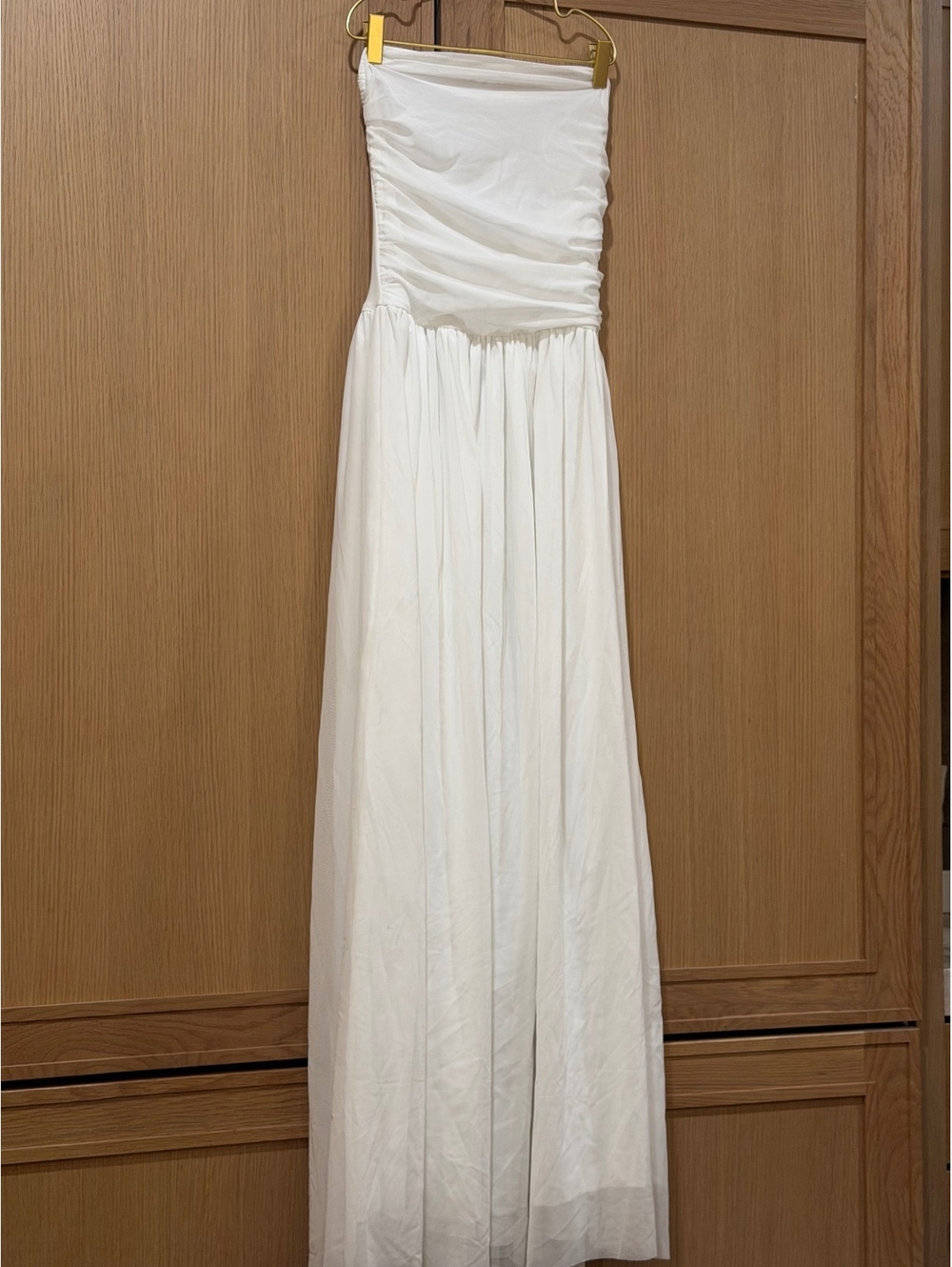 White Strapless Ruched Drop Waist Flowy Maxi Dress